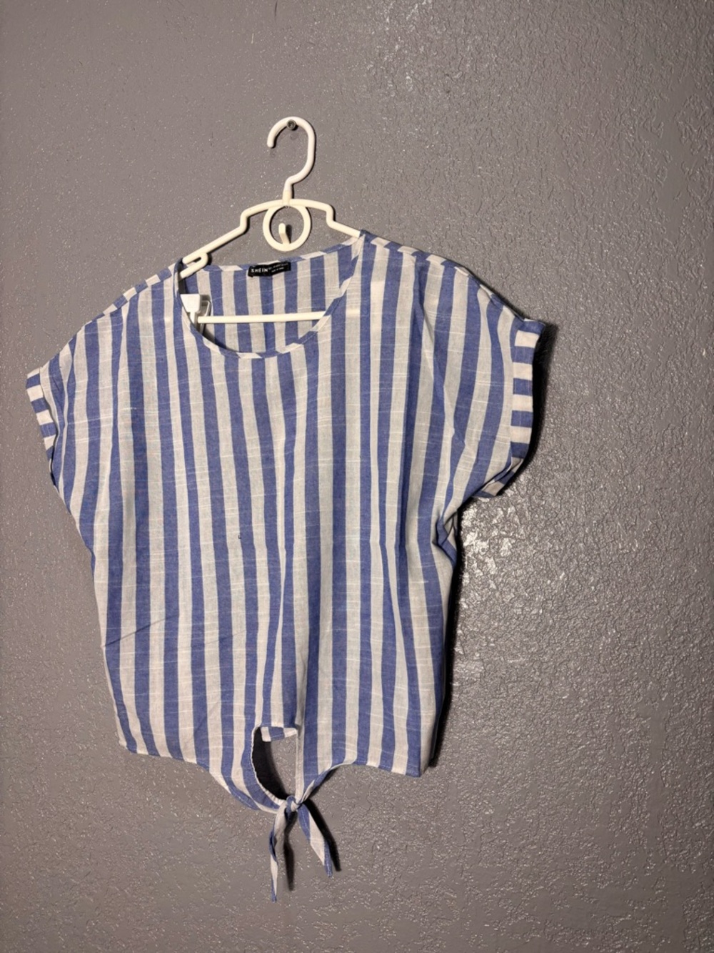 SHEIN Blue and White Striped Tie-Front Short Sleeve Top